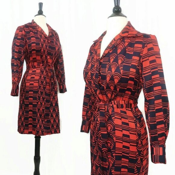 Vintage Lanvin Dress 1970s Op Art Print Red Blue Shirtwaist Psychedelic - Picture 3 of 8